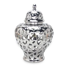 Silver Ceramic Ginger Jar Vase with Decorative Design