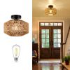 Mini Rattan Flush Mount Light with Dimmable LED Bulb