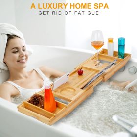 Bathtub Caddy Tray Crafted Bamboo Bath Tray Table Extendable Reading Rack Tablet Phone Holder (Color: as Pic)